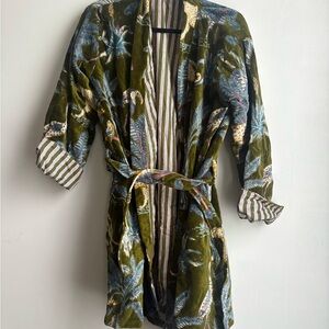 Olive Green Tropical Print Velvet Robe with Belt - Brand new never worn.
